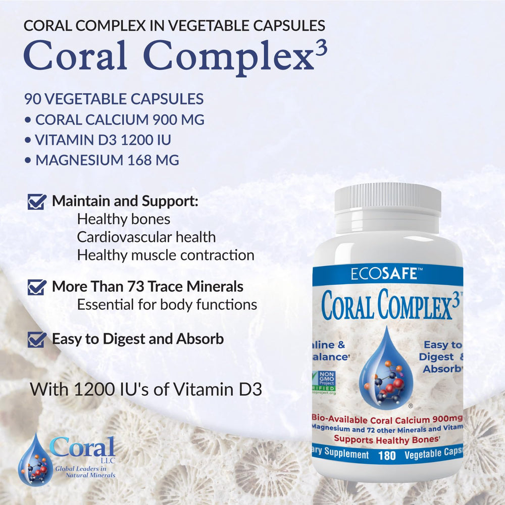 Coral White Coral Complex 3 bottle back shows vitamin D3 and magnesium details for calcium absorption.