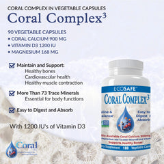 Coral White Coral Complex 3 bottle back shows vitamin D3 and magnesium details for calcium absorption.