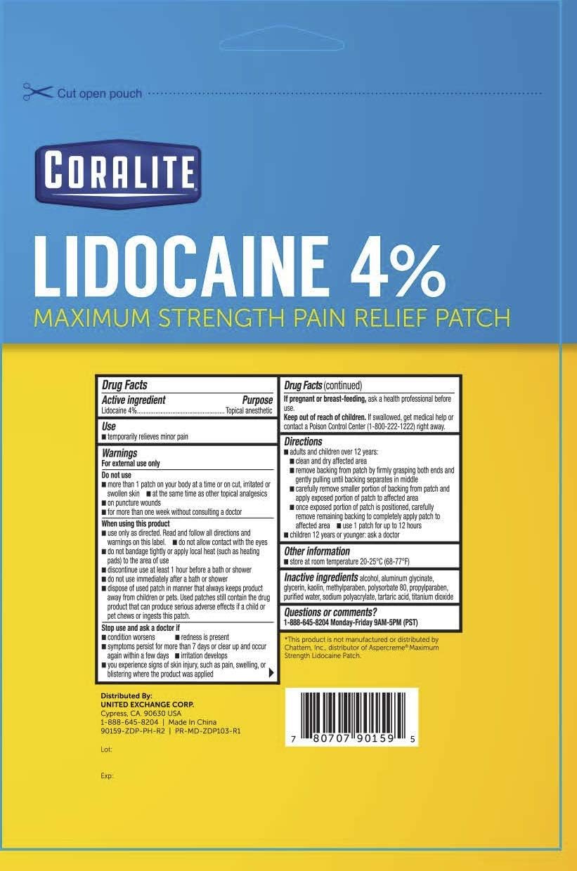 Coralite lidocaine patch on neck and shoulders for temporary comfort