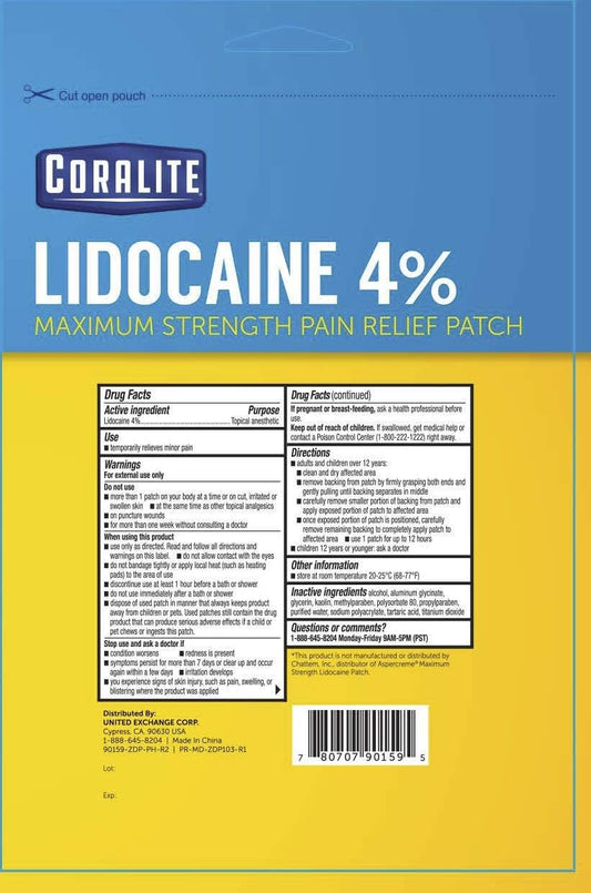 Coralite lidocaine patch on neck and shoulders for temporary comfort