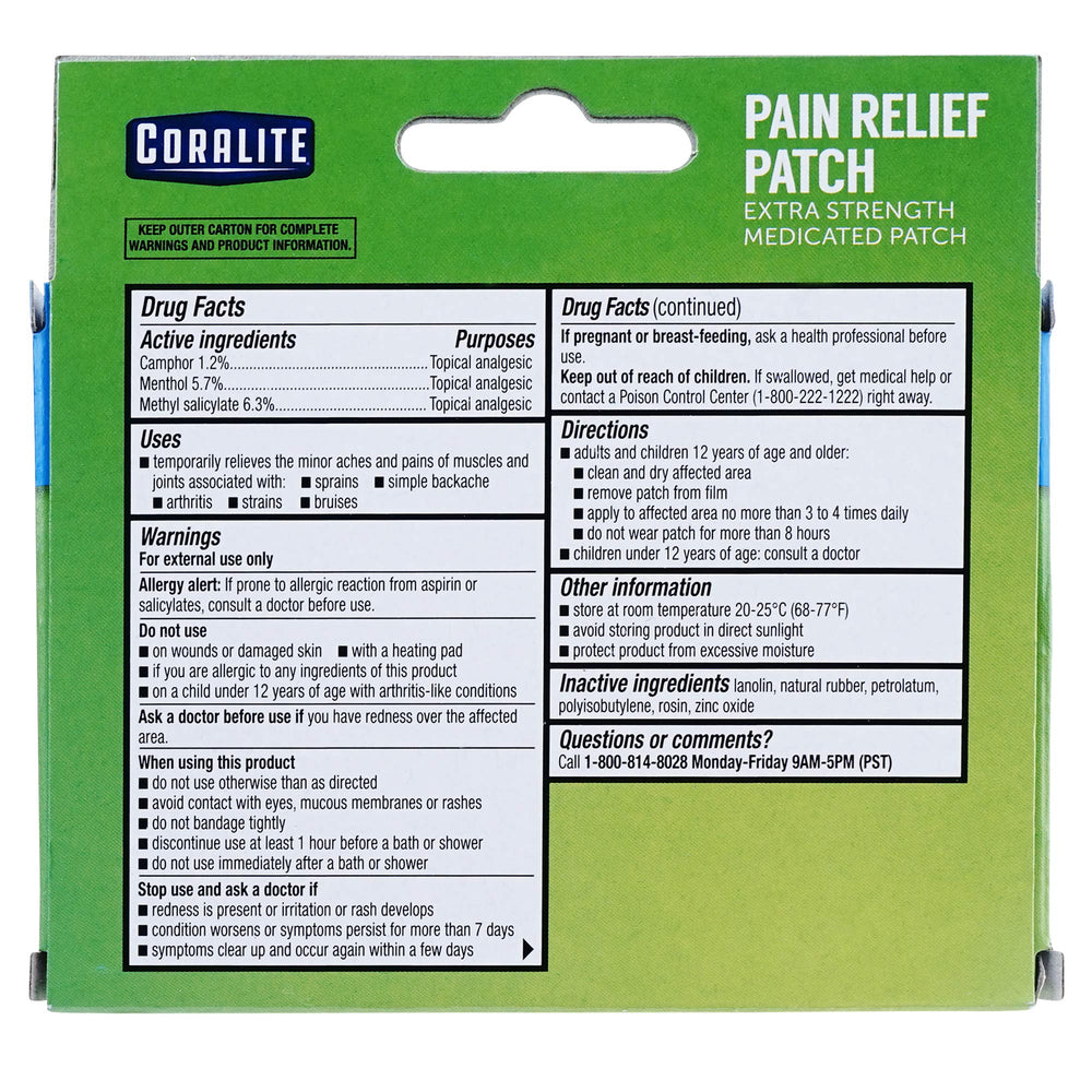 Coralite menthol-camphor patch detail emphasizes cooling sensation