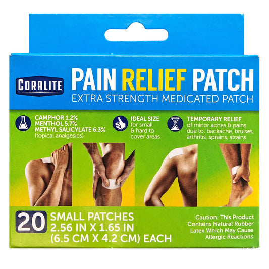 Coralite small pain relief patch 20ct pack front view, compact design for small areas
