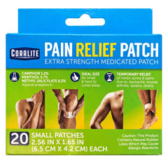 Coralite small pain relief patch 20ct pack front view, compact design for small areas