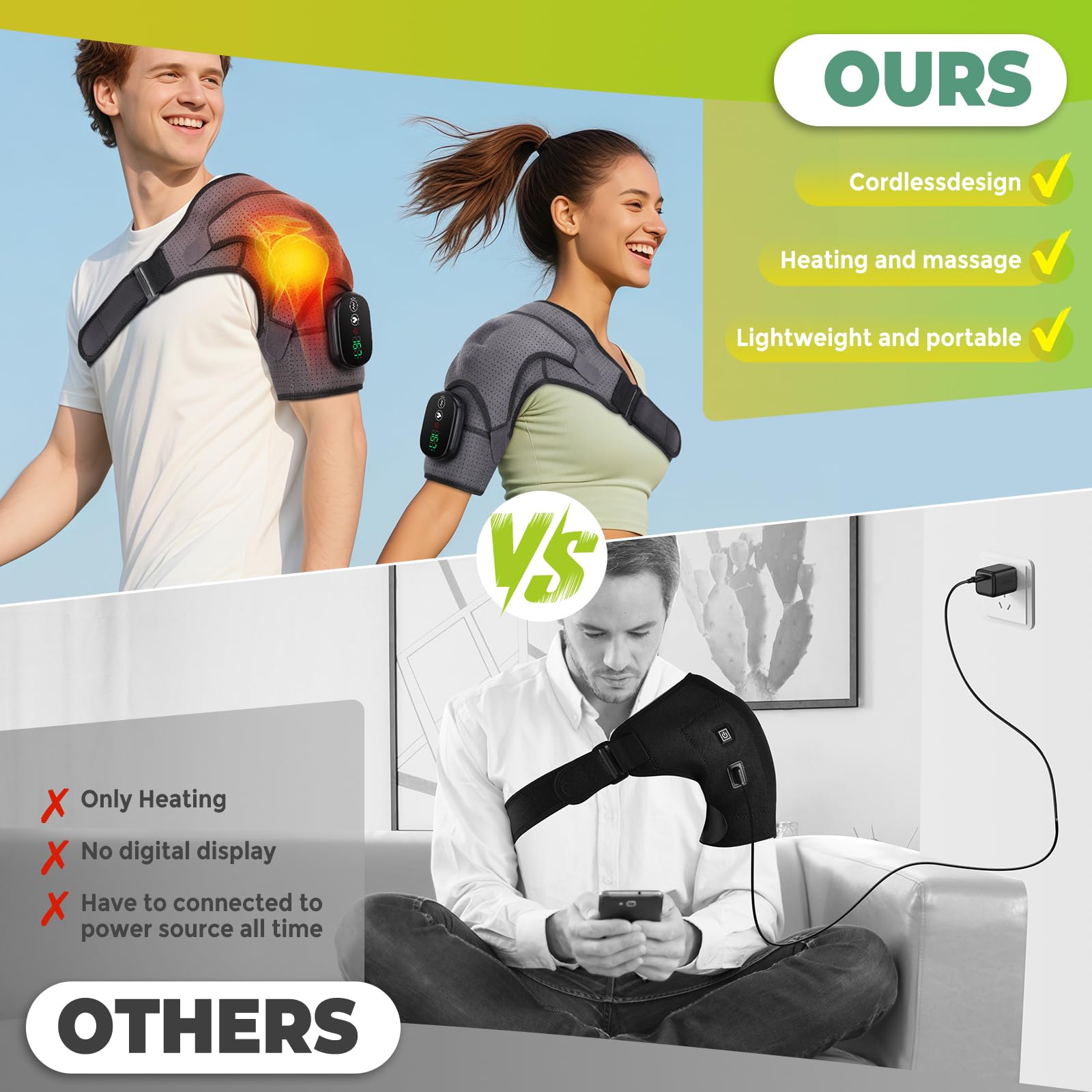 Cordless Shoulder Heating Pad adjustable strap secures fit on left or right shoulder.