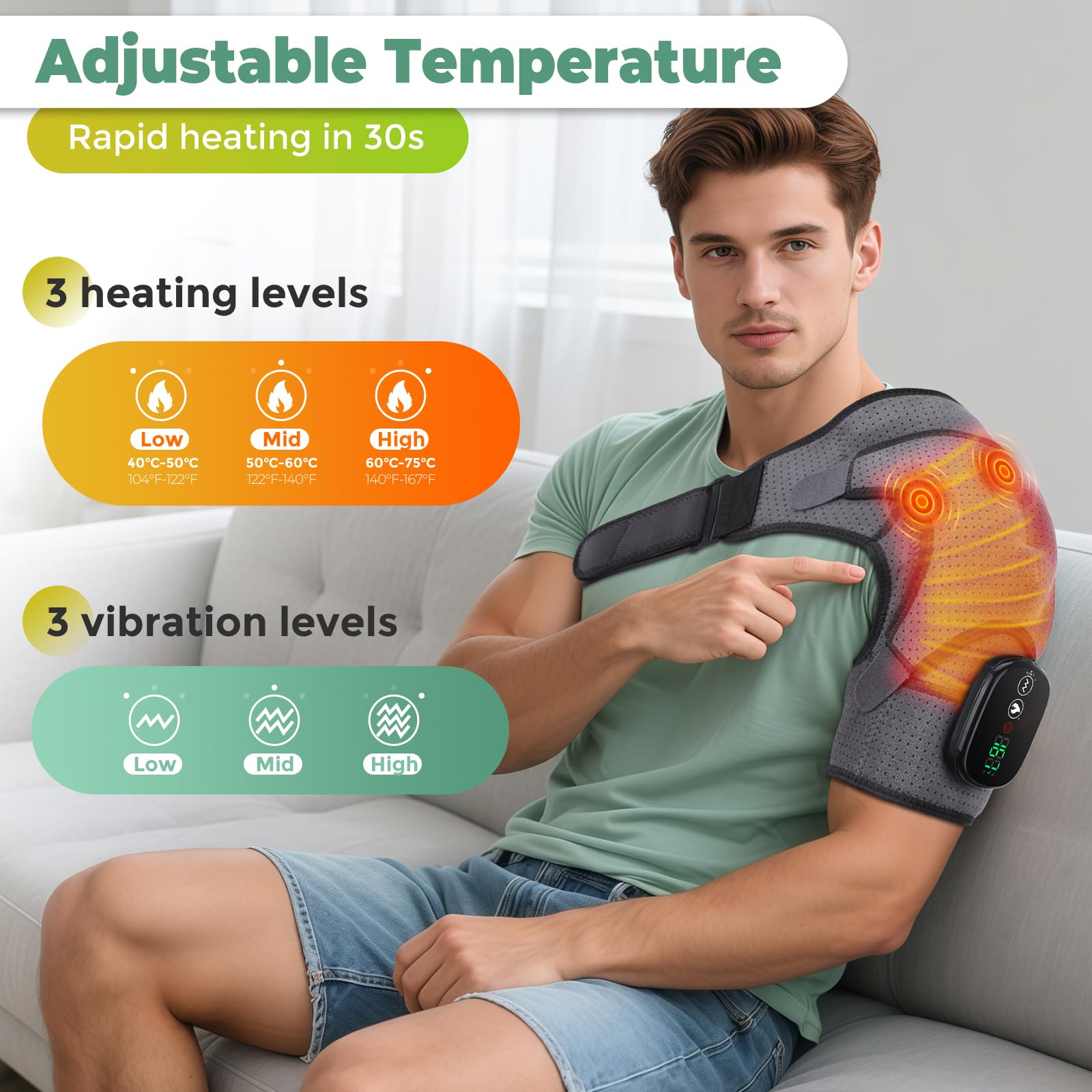 Cordless Shoulder Heating Pad vibration mode icons guide personalized relief.