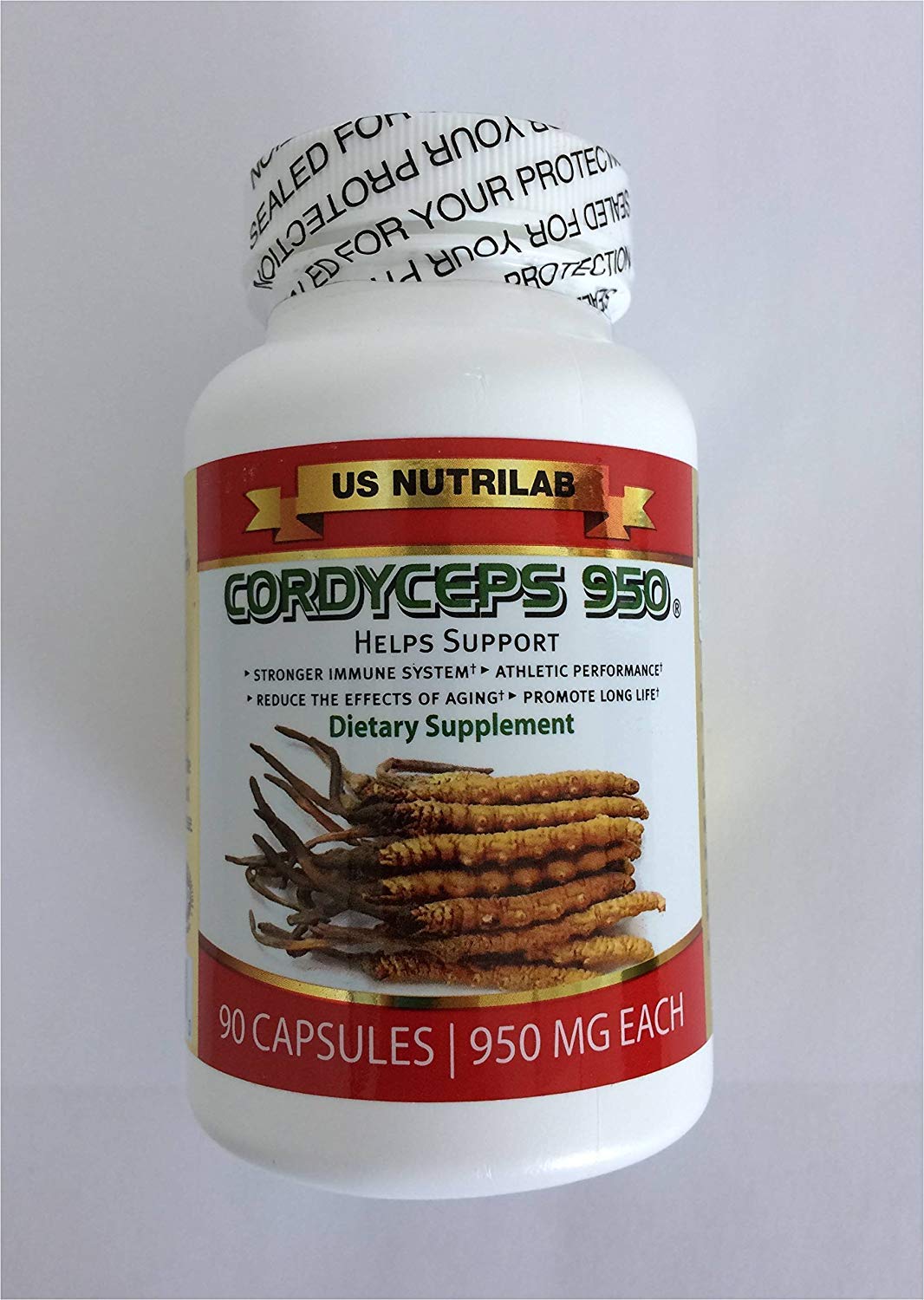 Cordyceps 950 bottle label showing 90 vegetarian capsules for enhanced stamina