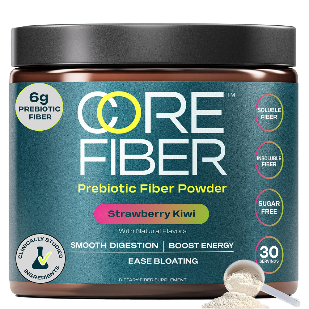 Core Fiber bottle closeup highlights strawberry kiwi flavor and supports daily digestion