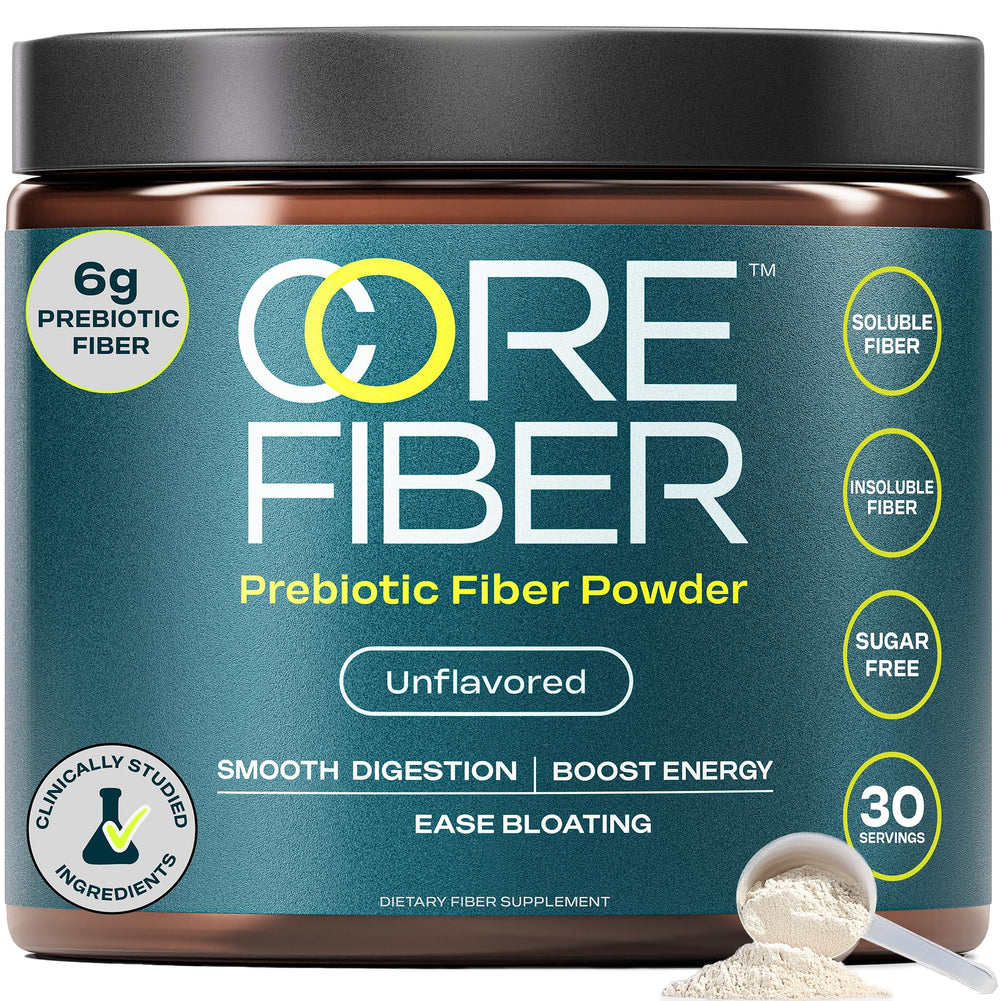Core Fiber tub front with unflavored powder for daily gut support.