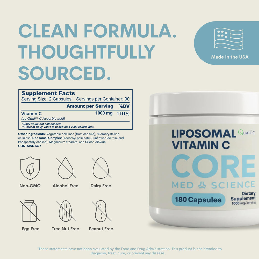 Core Med Science Liposomal absorption technology—phospholipid encapsulation improves delivery.