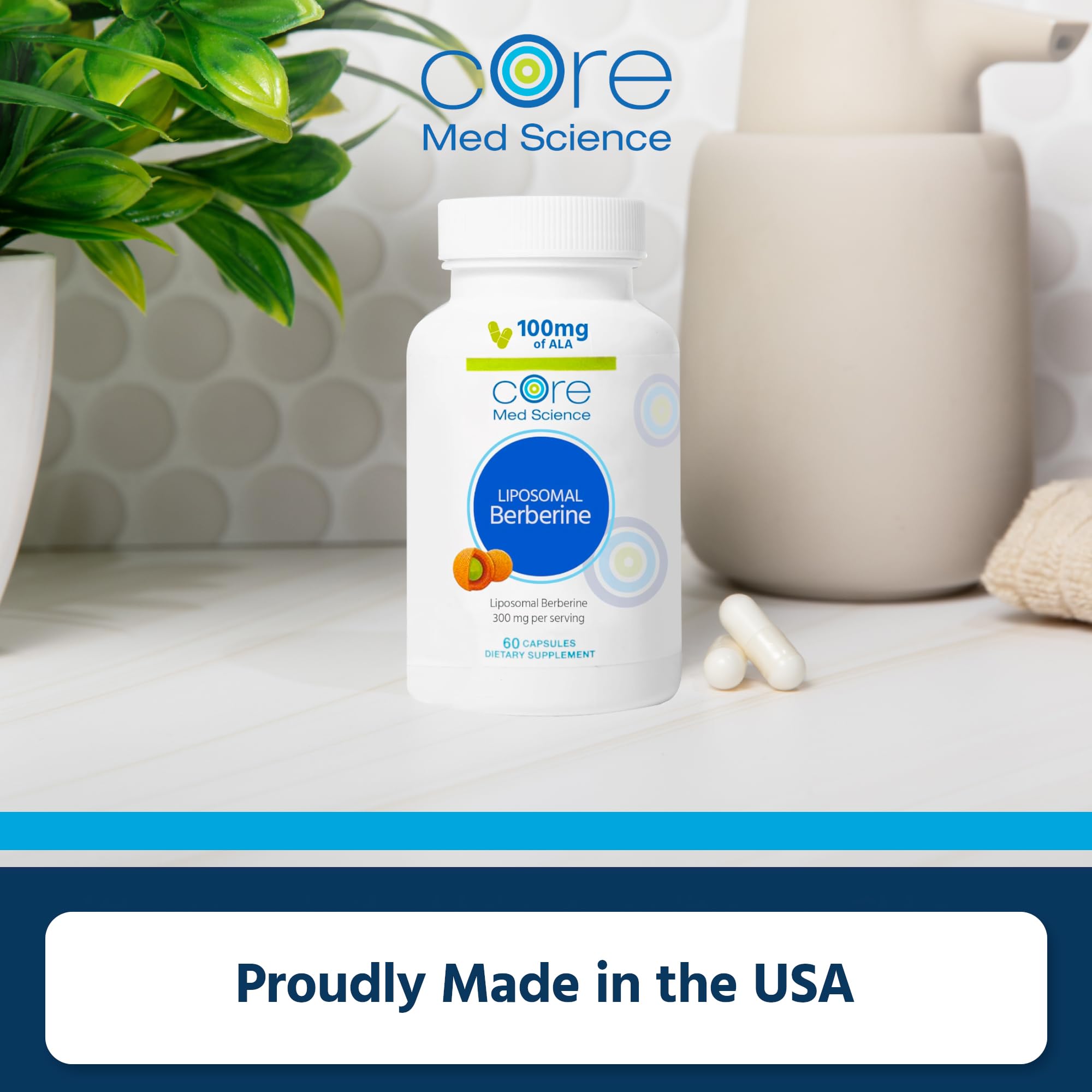 Core Med Science close-up of berberine capsule and liposomal coating