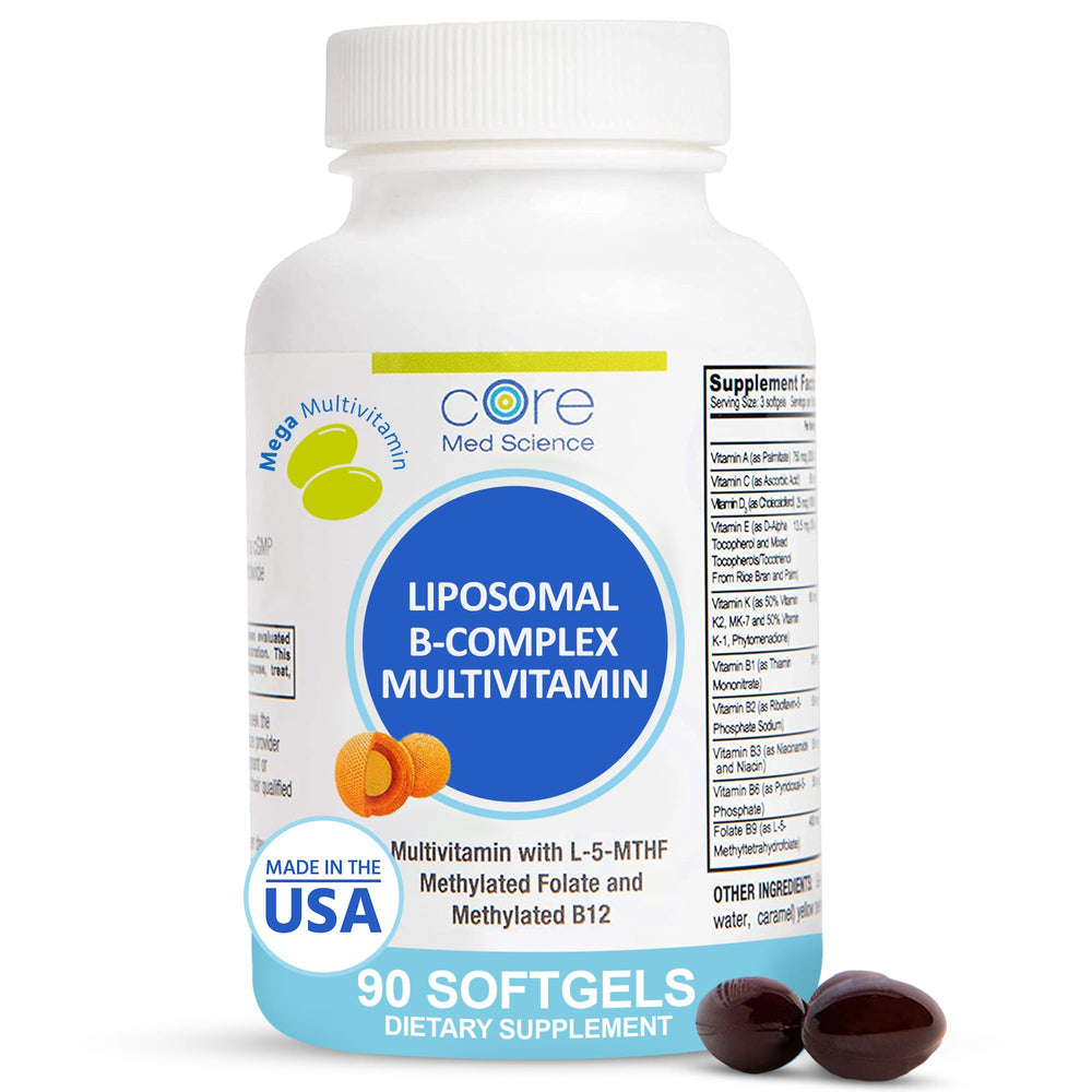 Core Med Science Liposomal Active B-Complex bottle front, non-GMO formula for immune support.