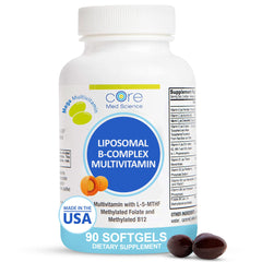 Core Med Science Liposomal Active B-Complex bottle front, non-GMO formula for immune support.