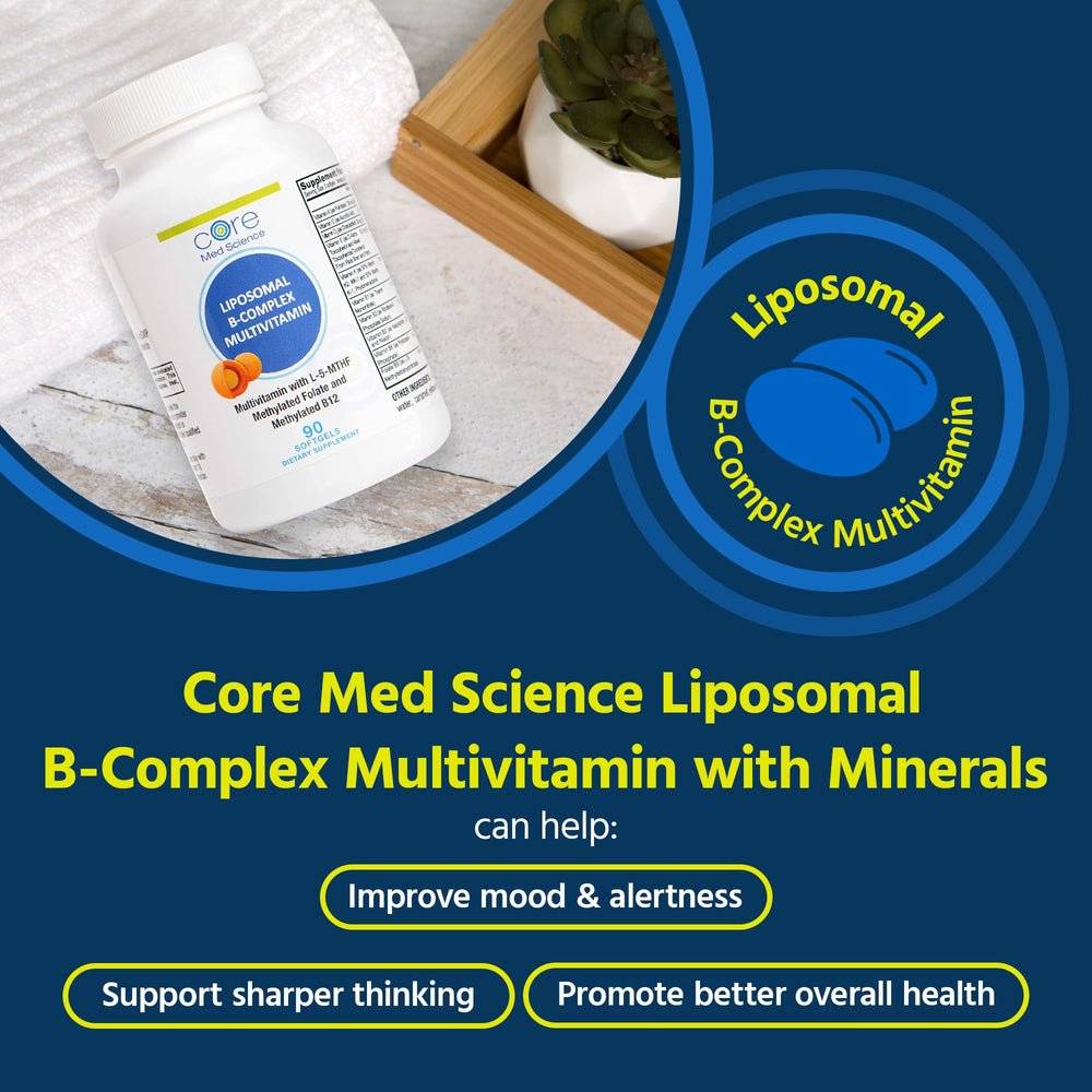Core Med Science Liposomal Active B-Complex bottle label highlighting liposomal delivery.