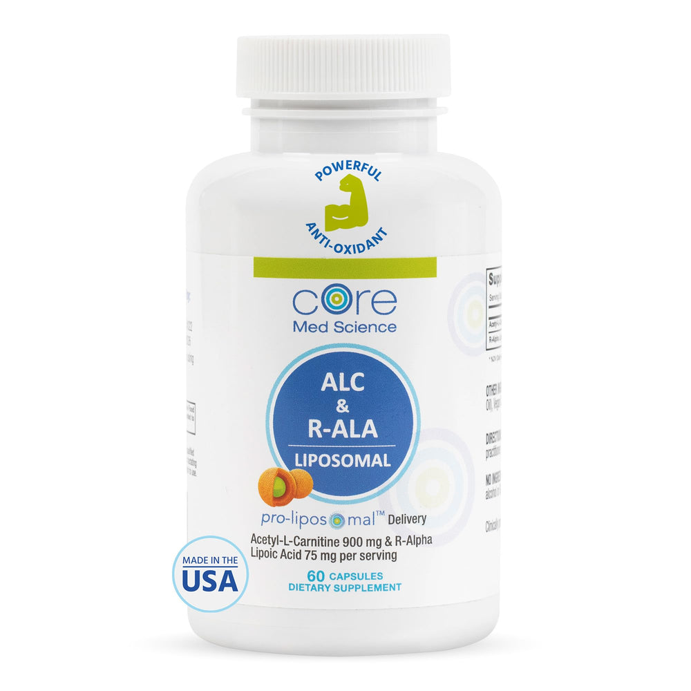 Core Med Science liposomal ALC R-ALA bottle shows easy daily energy support.