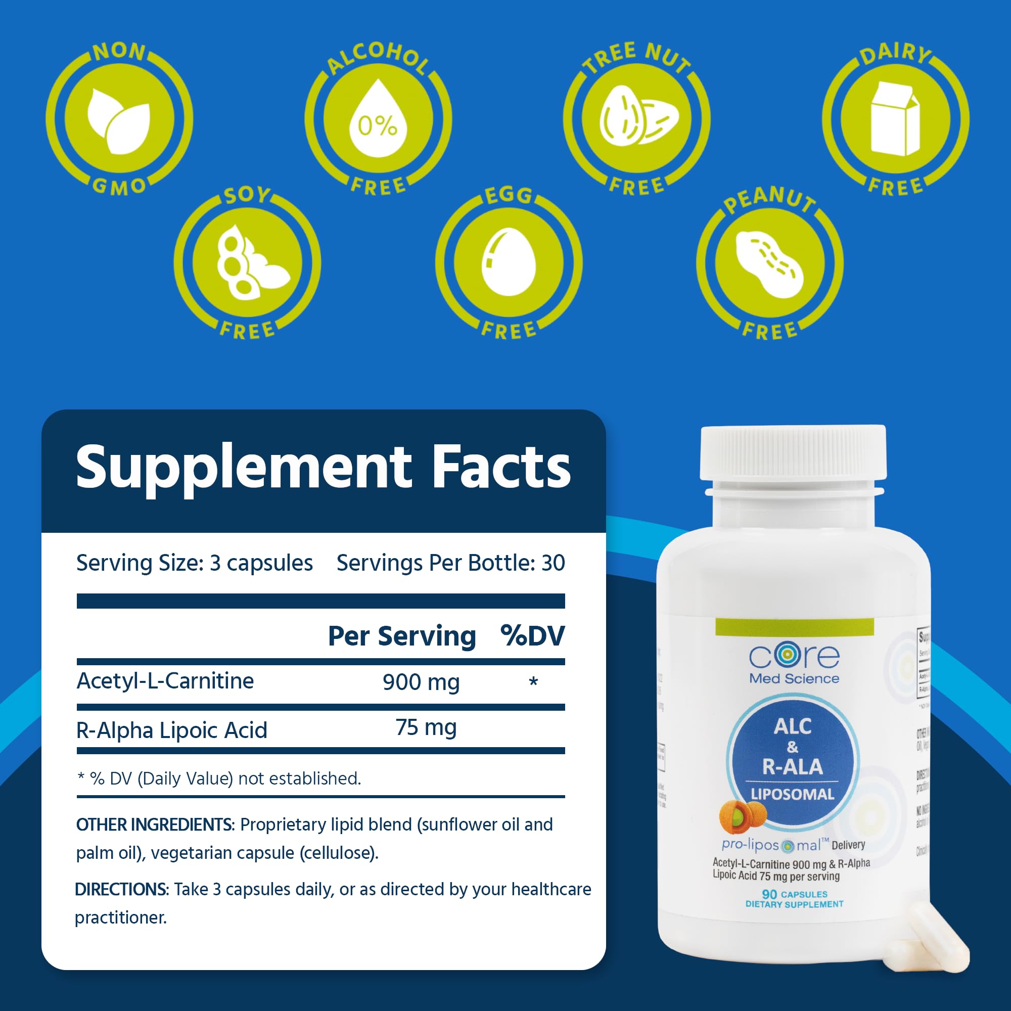 Core Med Science liposomal ALC & R-ALA label emphasizes USA-made, non-GMO quality