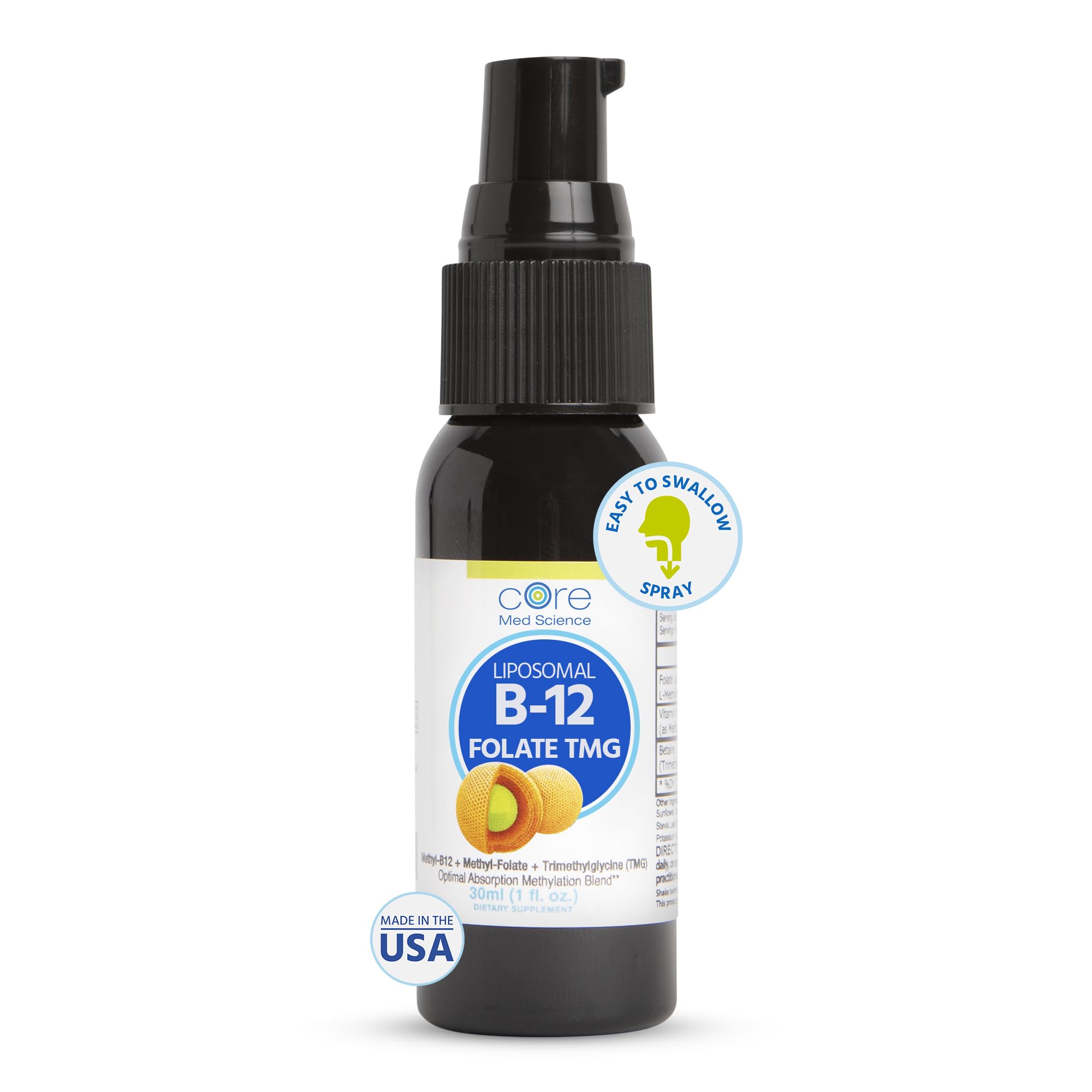 Core Med Science liposomal B12 folate TMG spray bottle for mood and energy support.