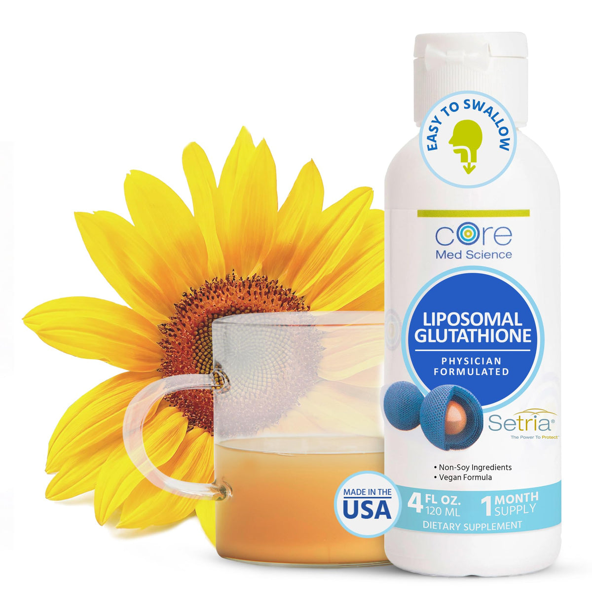 Core Med Science Liposomal Glutathione bottle shows fast-absorbing antioxidant support for energy and liver health.