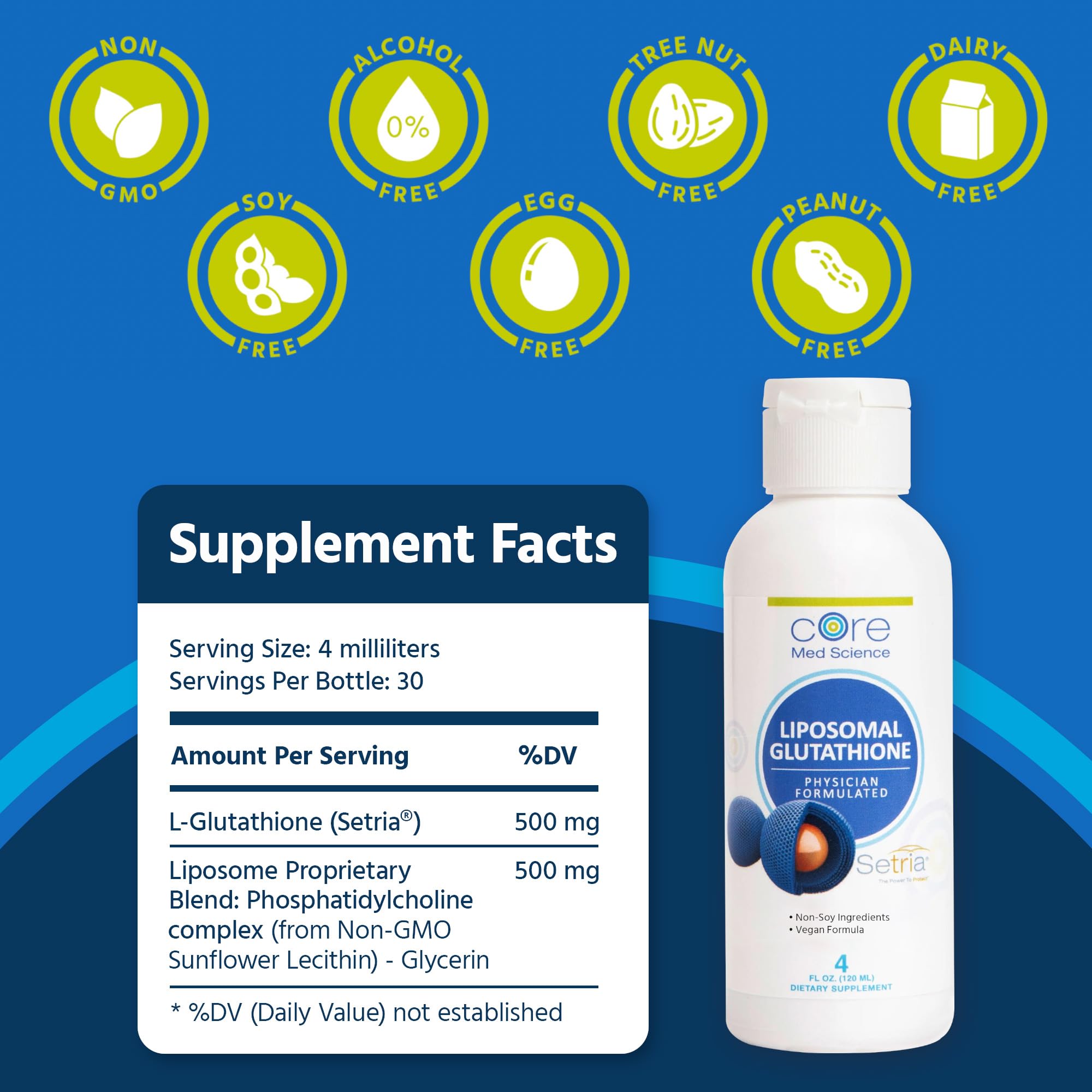 Close-up of the label emphasizes Setria glutathione and liposomal delivery for efficacy.