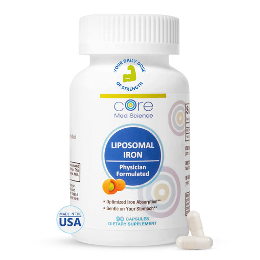 Core Med Science liposomal iron bottle with easy-to-swallow capsules for gentle energy support.