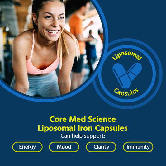 Close-up of Core Med Science liposomal iron capsules showing enhanced absorption potential.