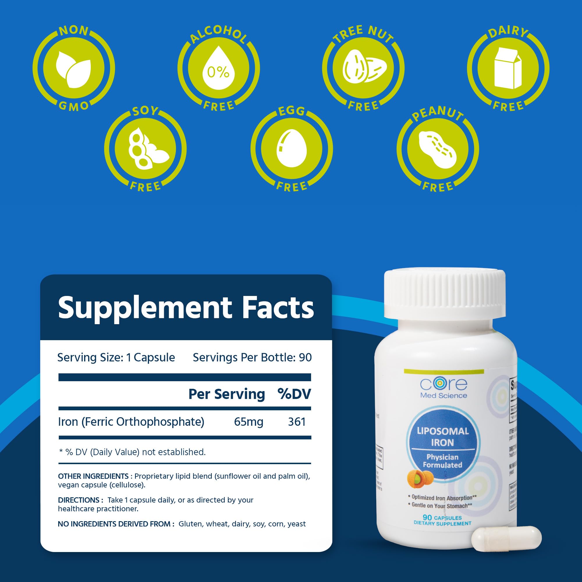 Label on Core Med Science bottle highlights dairy-free, non-GMO iron supplement.