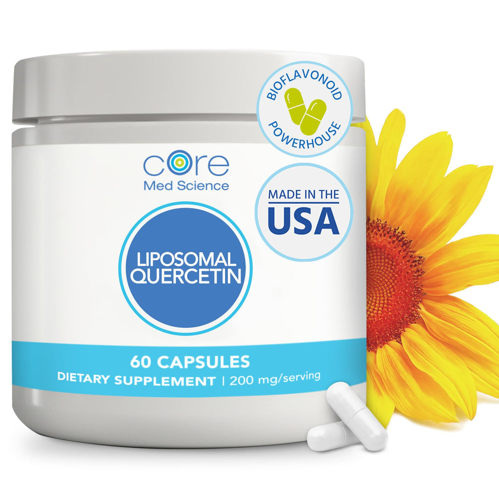 Core Med Science liposomal quercetin 200mg bottle highlights high-absorption delivery for daily wellness.