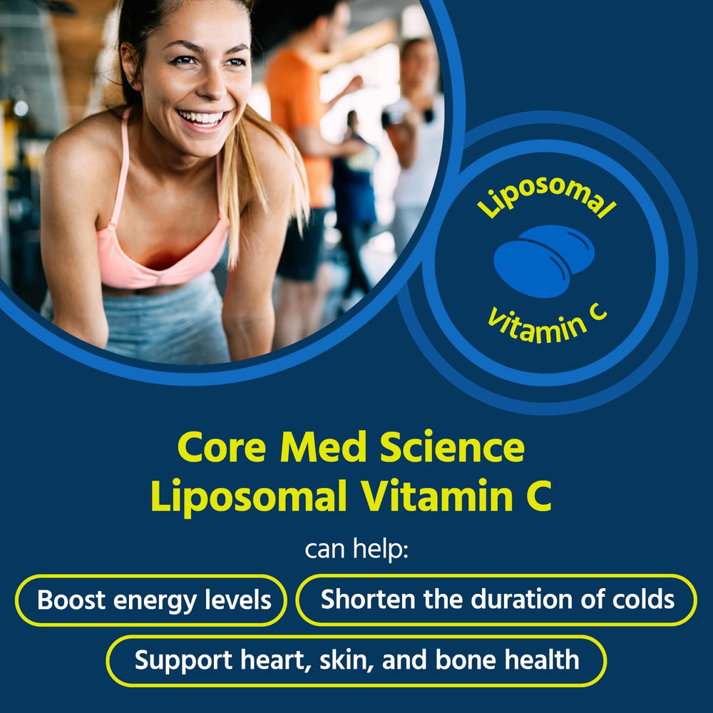 Core Med Science Liposomal Vitamin C bottle label highlights non-GMO USA-made quality