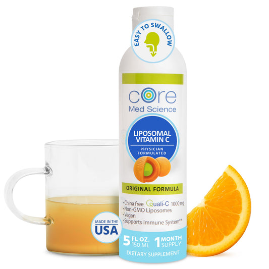 Core Med Science liposomal vitamin C bottle highlighting 1000 mg for daily immune support.