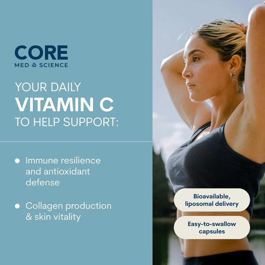 Core Med Science Liposomal Vitamin C capsules—easy daily supplement for skin and energy support.