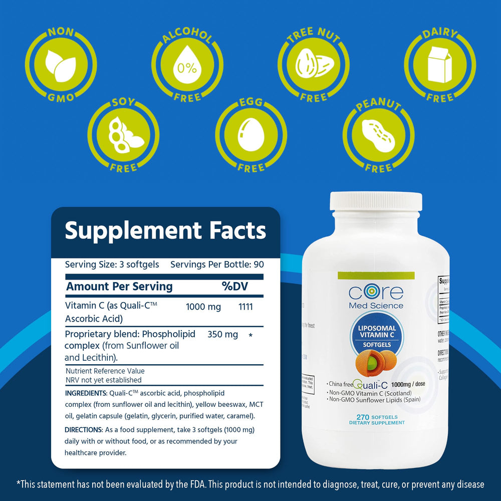 Close-up of Core Med Science Liposomal Vitamin C softgels for easy swallowing
