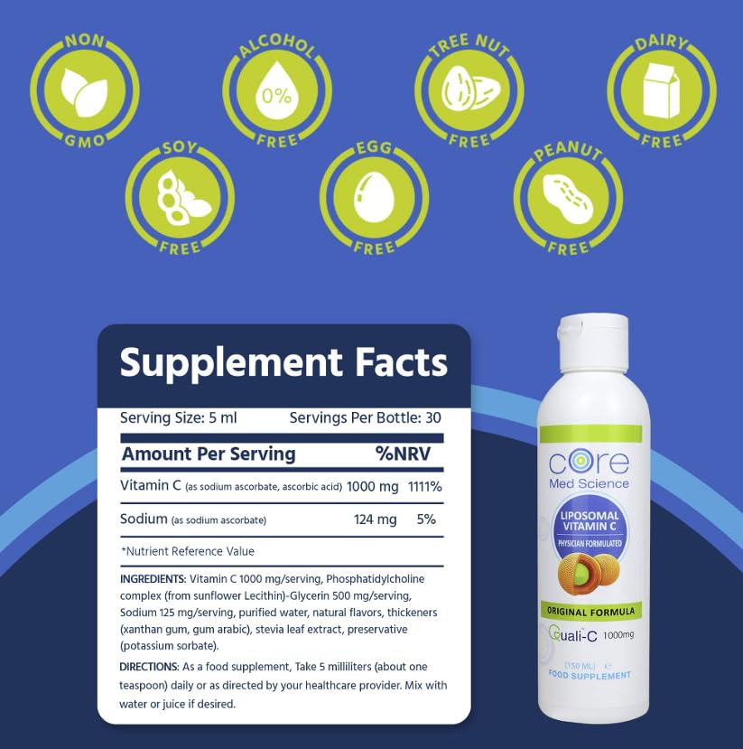 Core Med Science Quali-C label closeup emphasizing Scottish vitamin C purity.