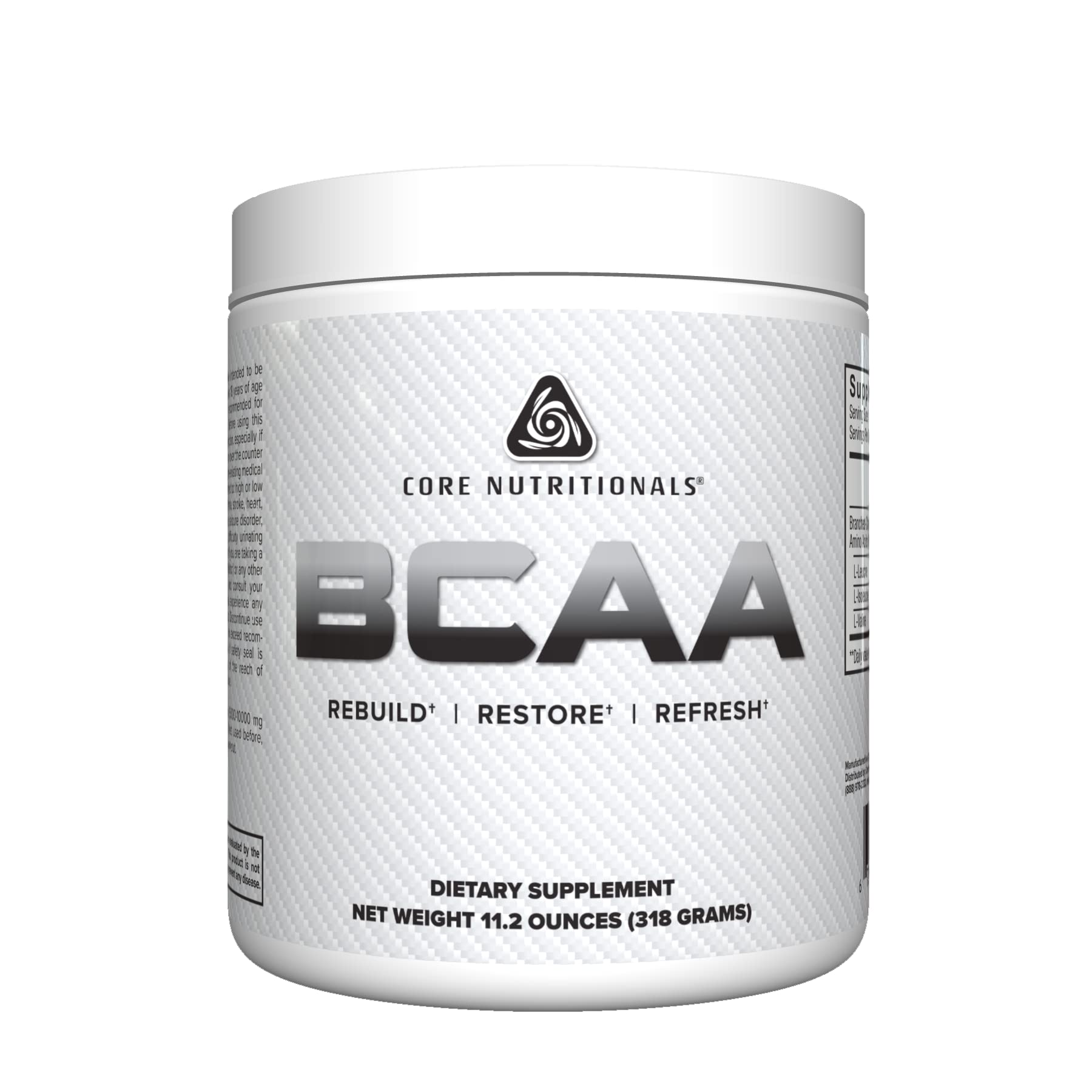 Core Nutritionals BCAA powder bottle demonstrates a clean unflavored formula for recovery and protein synthesis support.