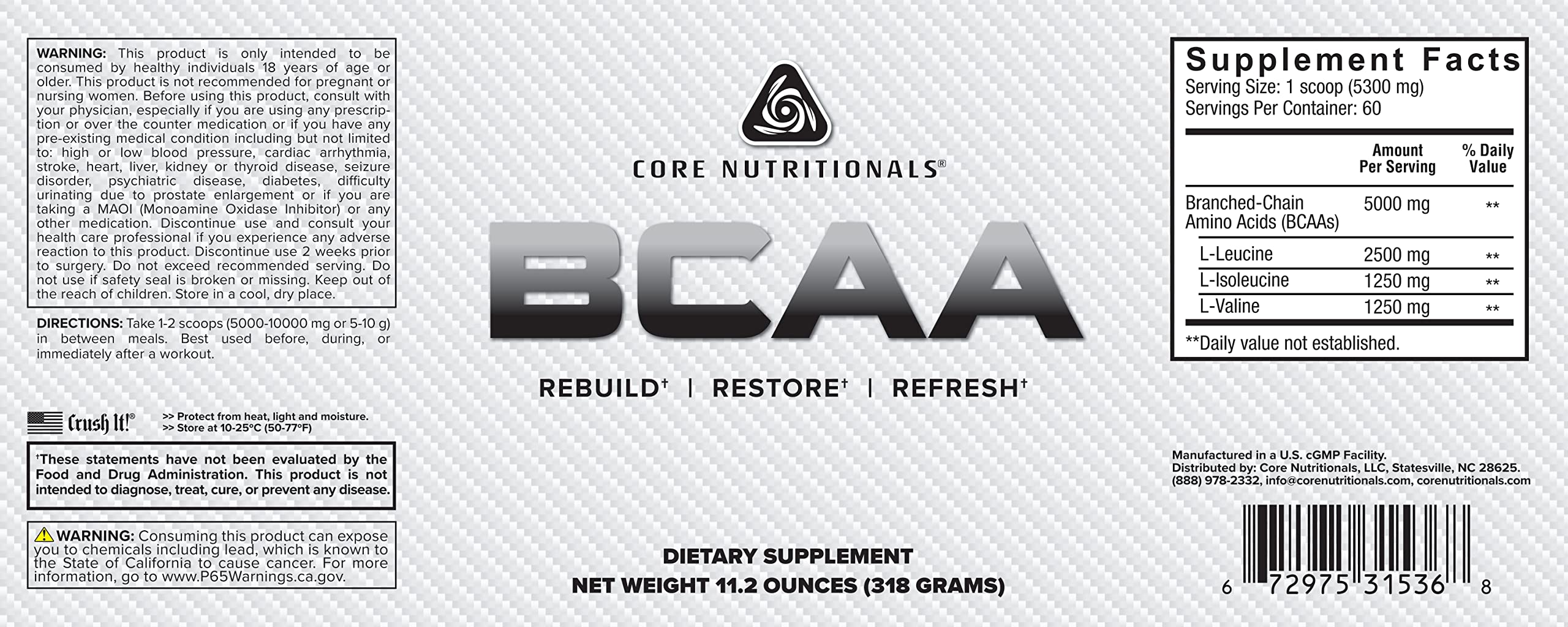Core Nutritionals BCAA powder tub shows an easy-to-use serving for workouts and endurance.
