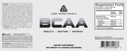 Core Nutritionals BCAA powder tub shows an easy-to-use serving for workouts and endurance.