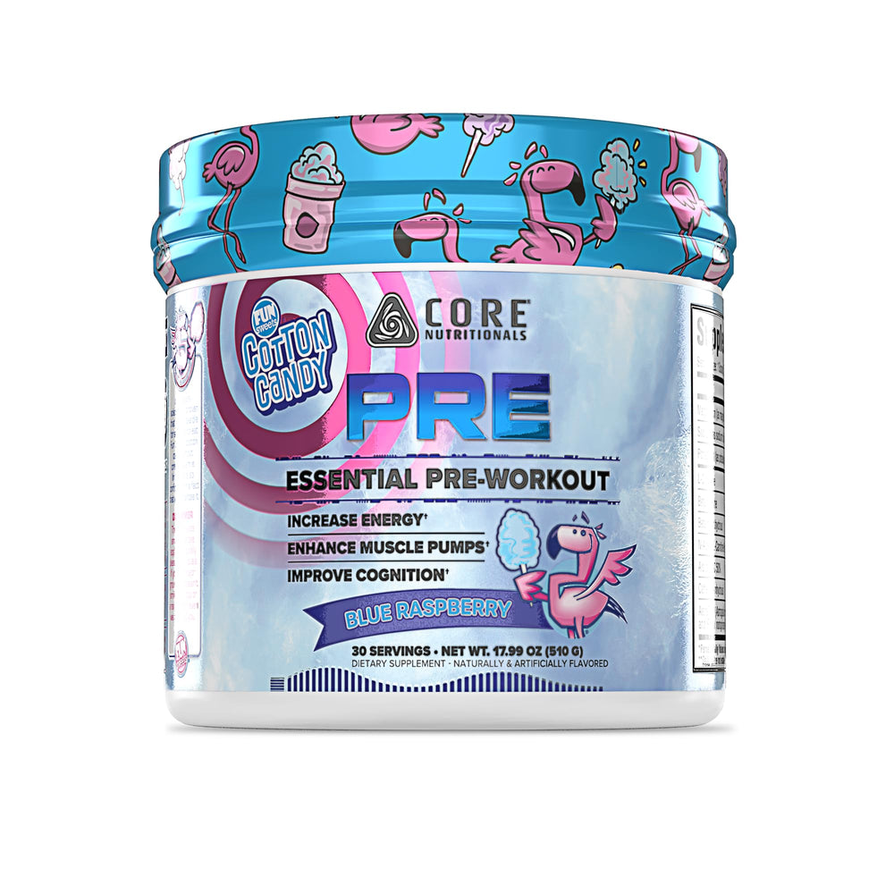 Core Nutritionals Essential Pre Workout blue raspberry bottle delivers steady daily energy