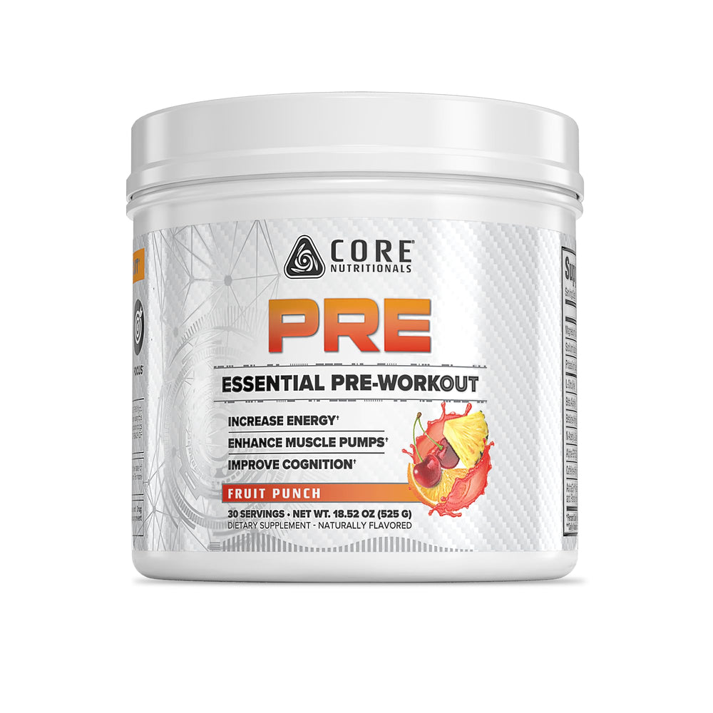 Core Nutritionals Essential Pre Workout fruit punch tub shown with label, promoting daily energy for training