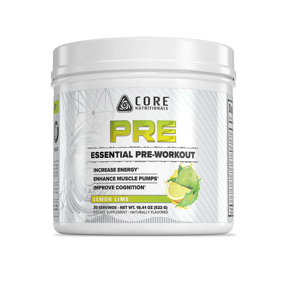 Core Nutritionals Essential Pre Workout lemon lime bottle delivering daily energy boost