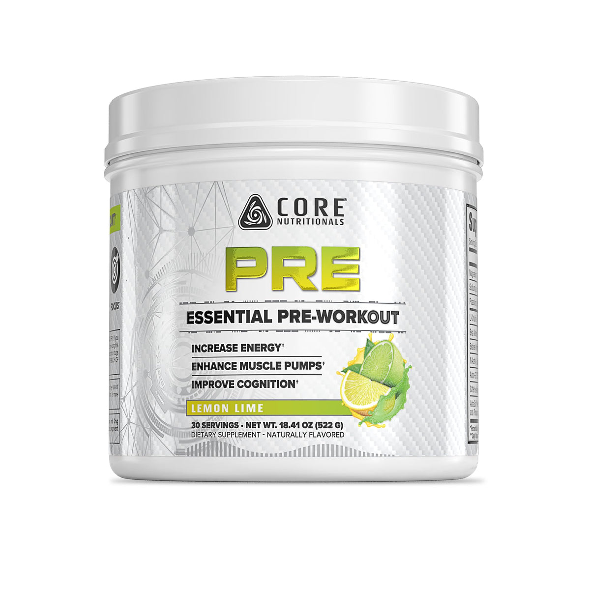 Core Nutritionals Essential Pre Workout lemon lime bottle delivering daily energy boost
