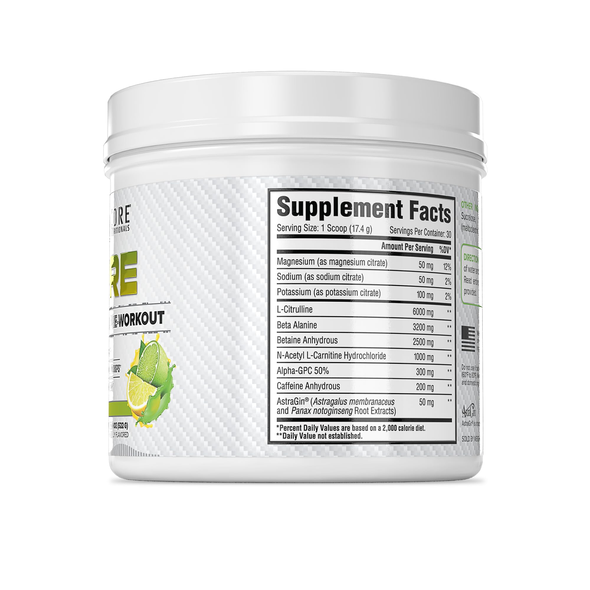 Core Nutritionals Essential Pre Workout label highlights caffeine and citrulline for performance