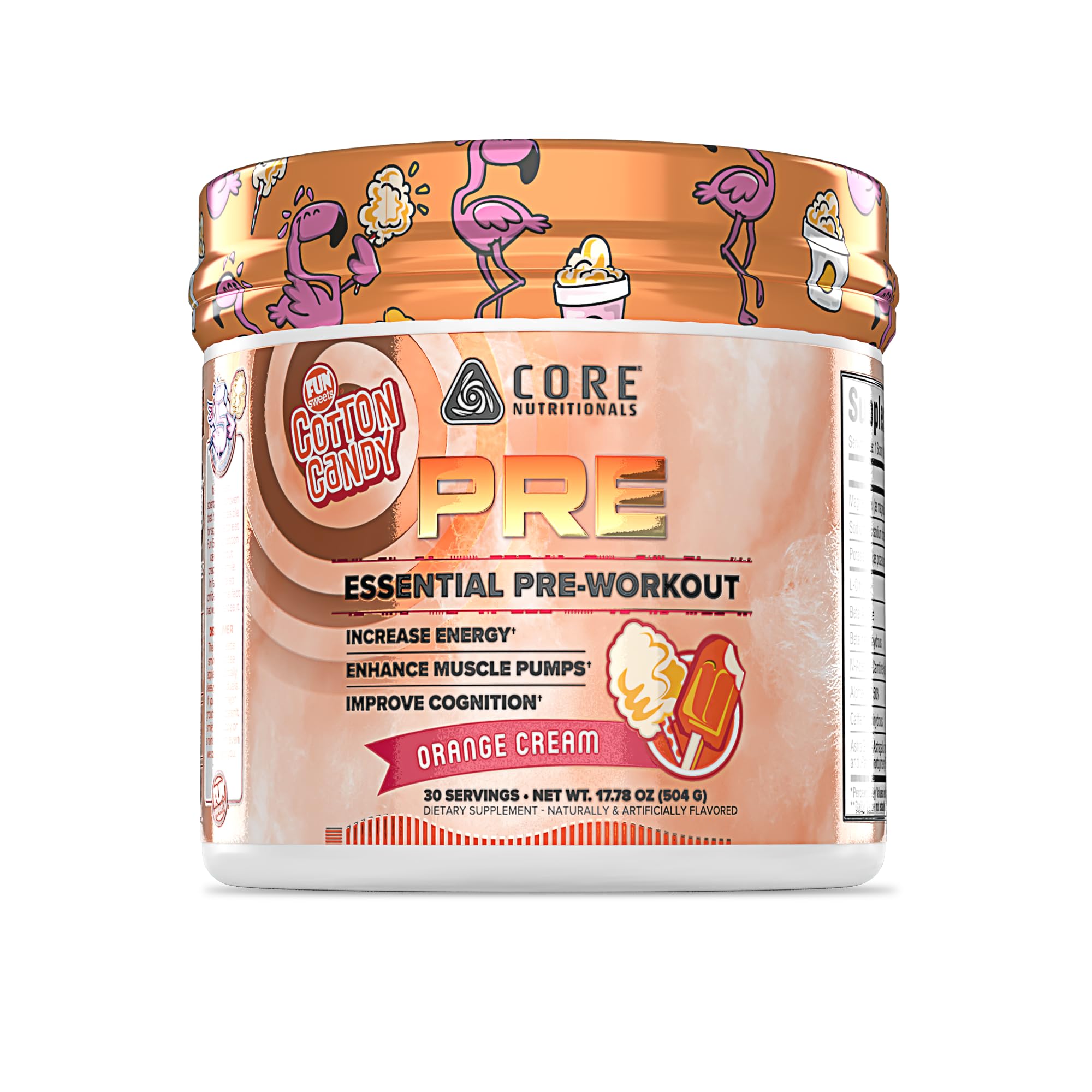 Core PRE Essential Pre Workout orange cream bottle closeup highlighting clean energy