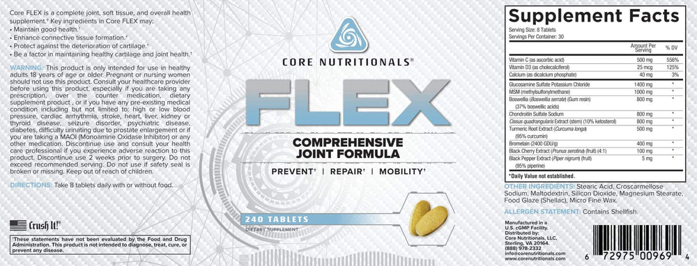 Core FLEX label close-up emphasizing ingredients for connective tissue support