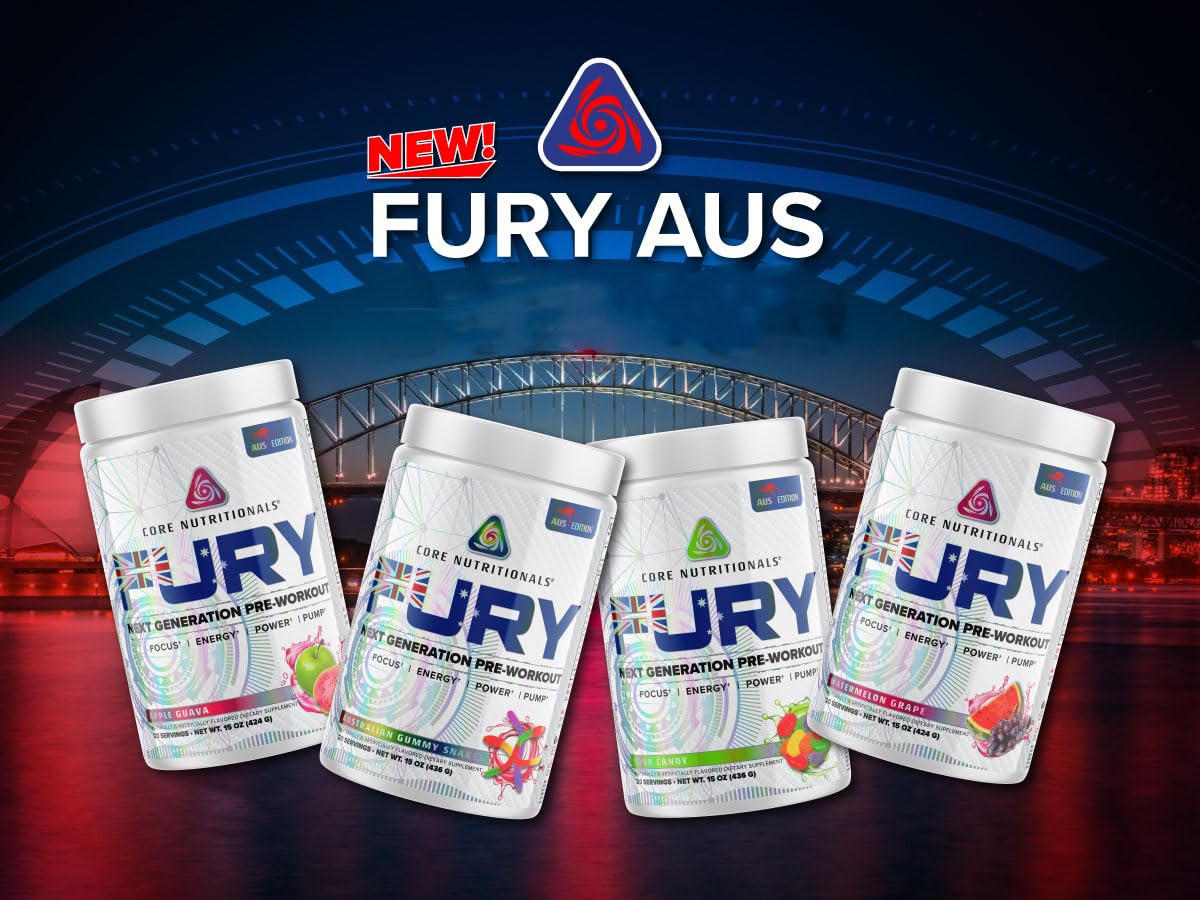 Core Nutritionals Fury Platinum ingredients panel emphasizes caffeine, creatine, and citrulline