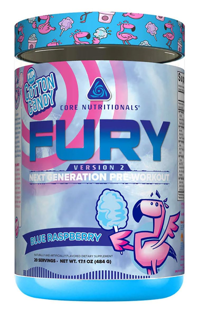 Core Nutritionals Fury V2 blue raspberry tub showing energizing pre-workout formula