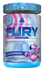 Core Nutritionals Fury V2 blue raspberry tub showing energizing pre-workout formula
