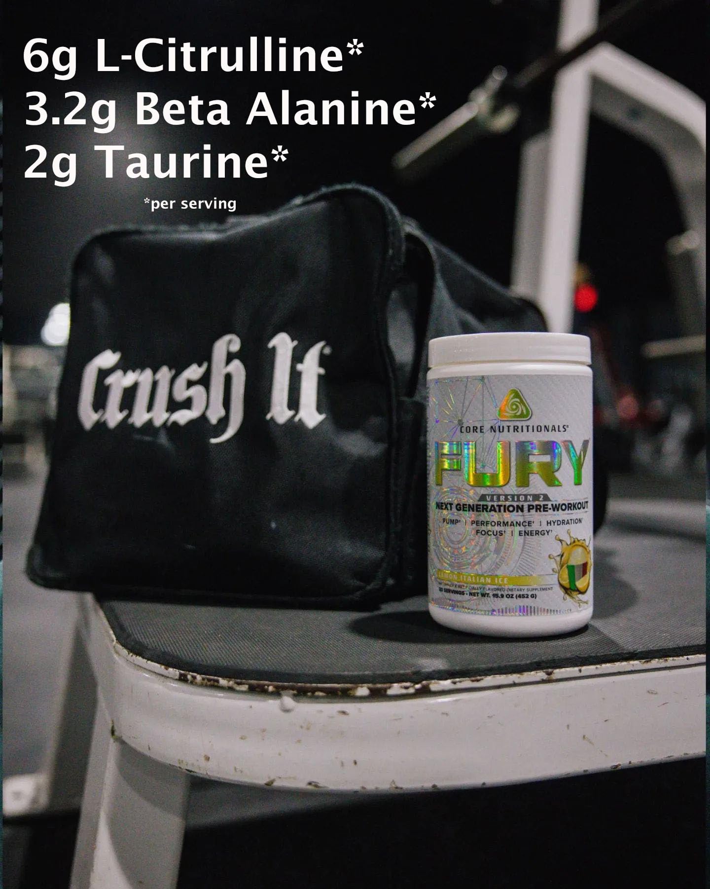 Core Nutritionals Fury V2 glass with water illustrates quick mixability for a smooth pre-workout drink.