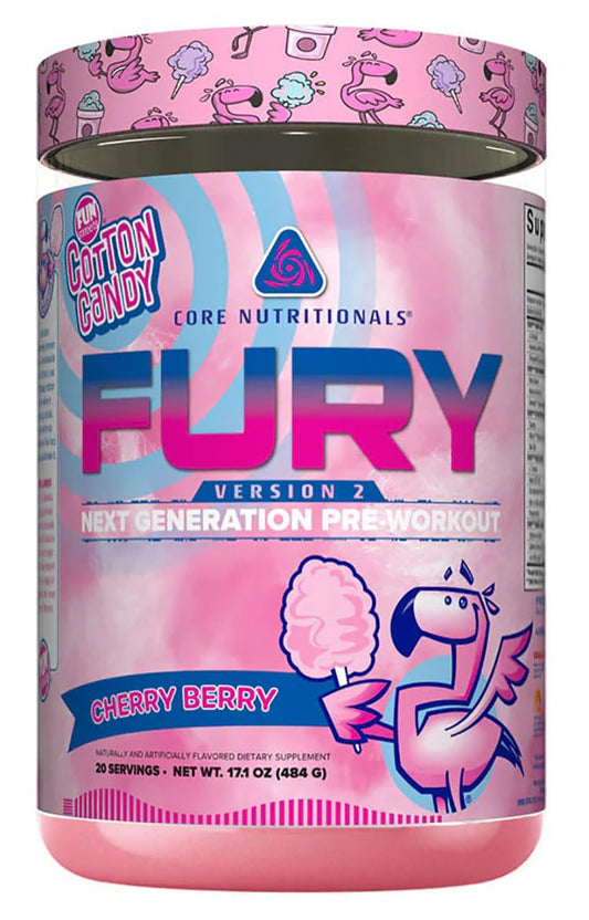 Core Nutritionals Fury V2 tub front highlights cherry berry flavor and powder texture.