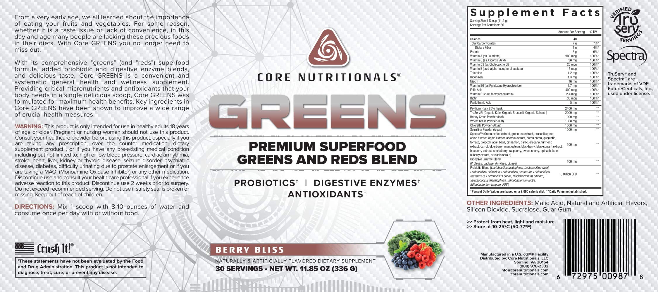 Core Nutritionals Greens Berry Bliss scoop highlights convenient daily nutrition and probiotics