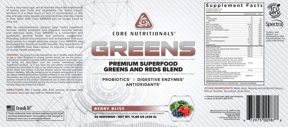 Core Nutritionals Greens Berry Bliss scoop highlights convenient daily nutrition and probiotics