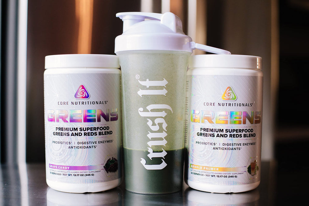 Core Nutritionals Greens jar label highlights 30 servings and grape candy flavor.