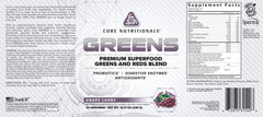 Core Nutritionals Greens scoop dispensing into shaker for convenient daily nutrition.